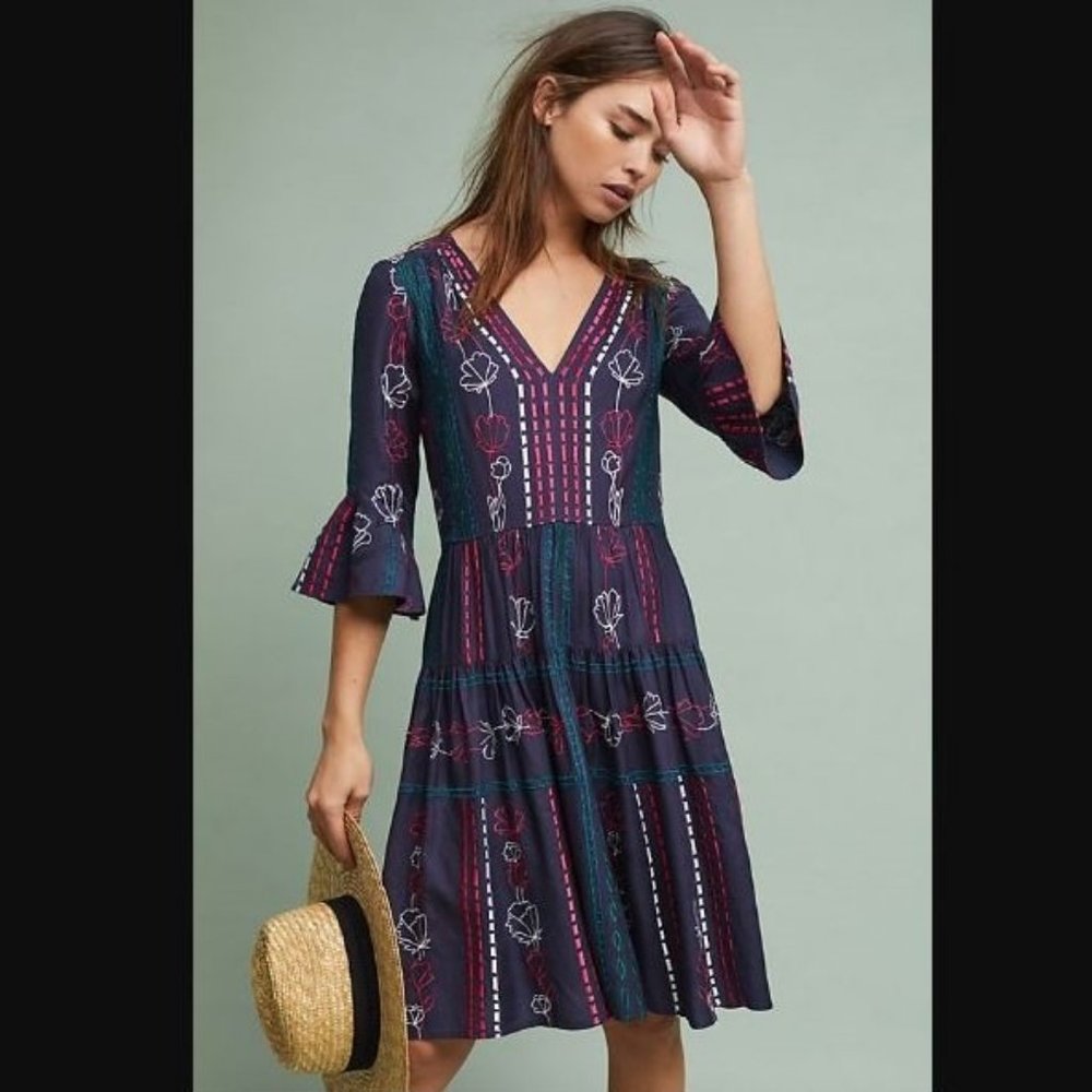Anthropologie Hailey Embroidered Dress V-Neck Sz 6